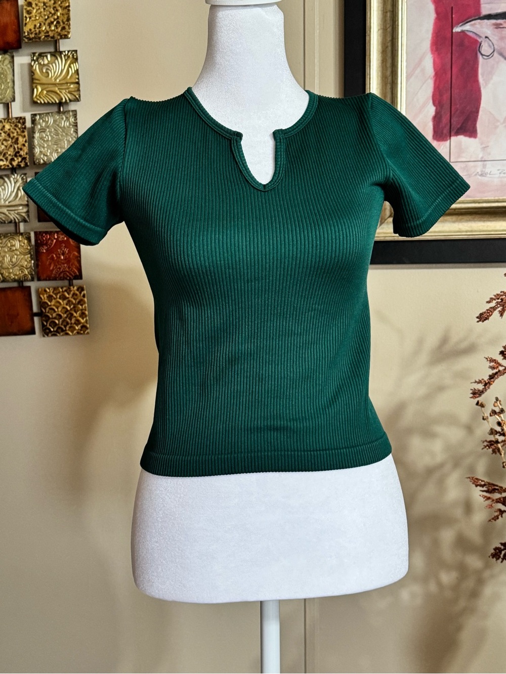 Cotton Candy Forest Green Ribbed Notch Neck Short Sleeve Tee